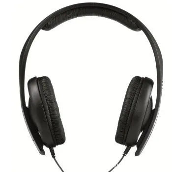 Black head-mounted monitor headphones with 40mm speakers showing 3.5mm plug and microphone