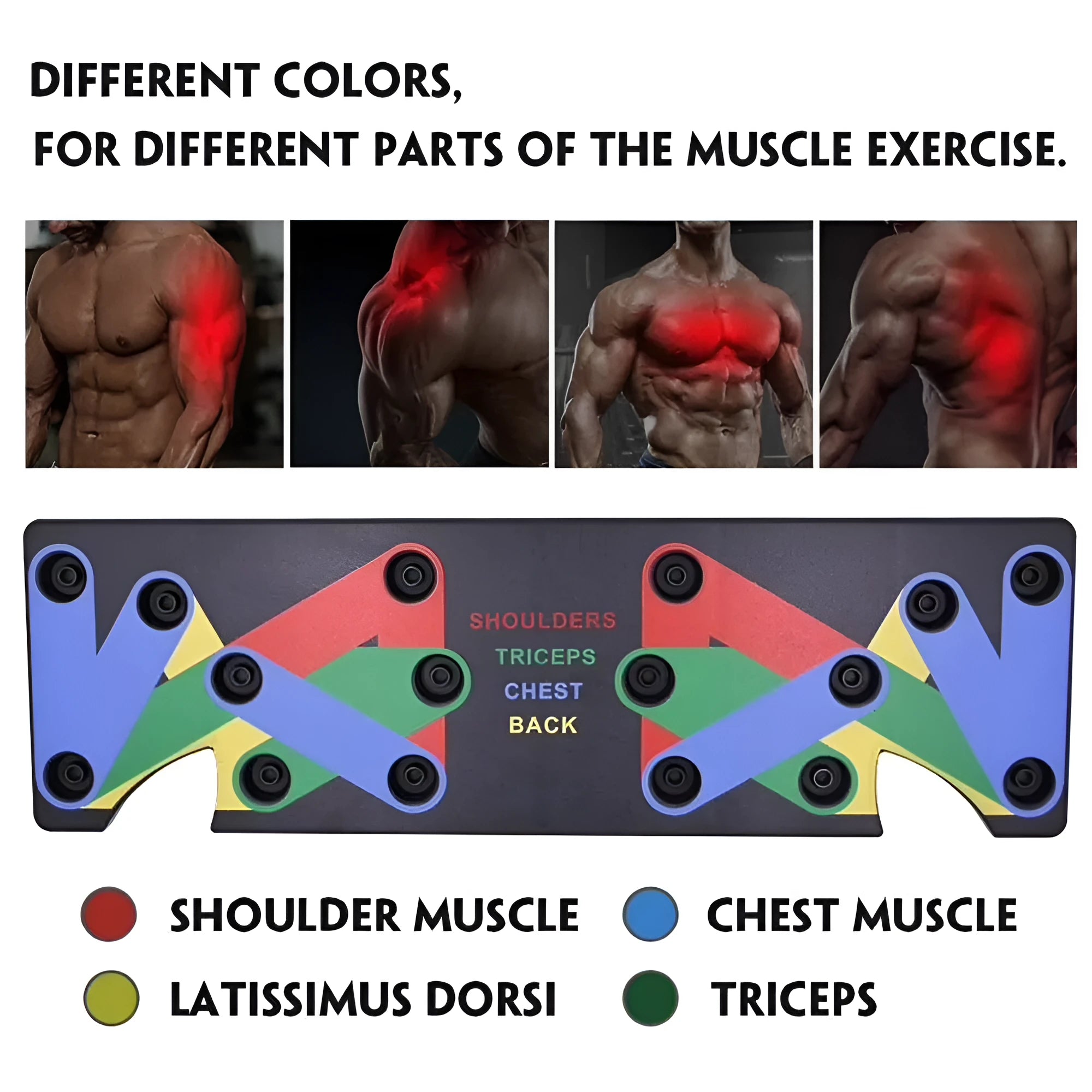 9 in 1 push up rack training board with colour-coded chest, shoulders, back, and triceps zones, leather mat, and two foam handbars