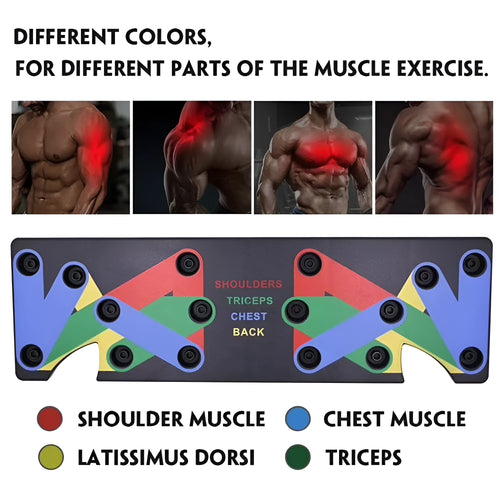 9 in 1 push up rack training board with colour-coded chest, shoulders, back, and triceps zones, leather mat, and two foam handbars
