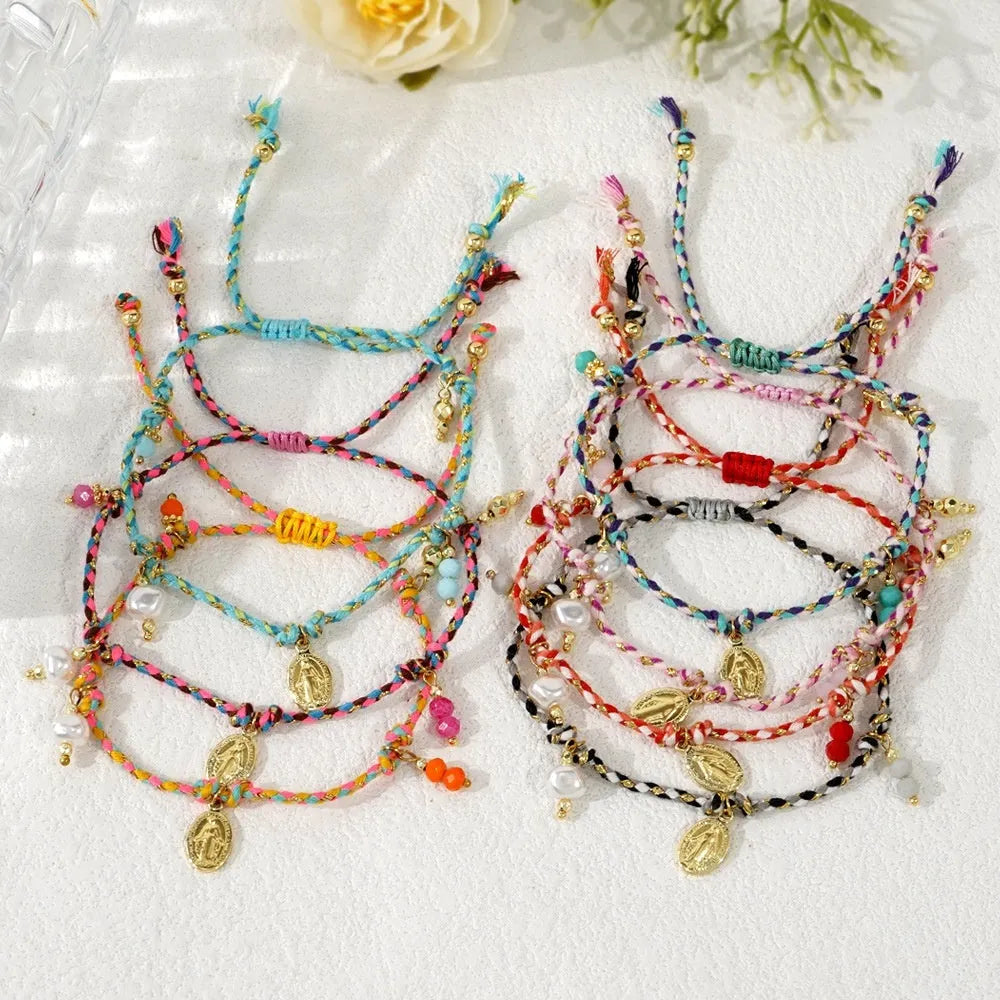Colourful hand-woven braided rope bracelet with carrying tag in ethnic style for women