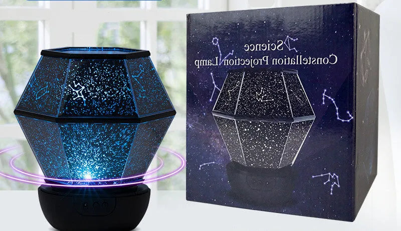 Children's rotating star LED night light projecting coloured stars onto a wall, powered by a USB cable.
