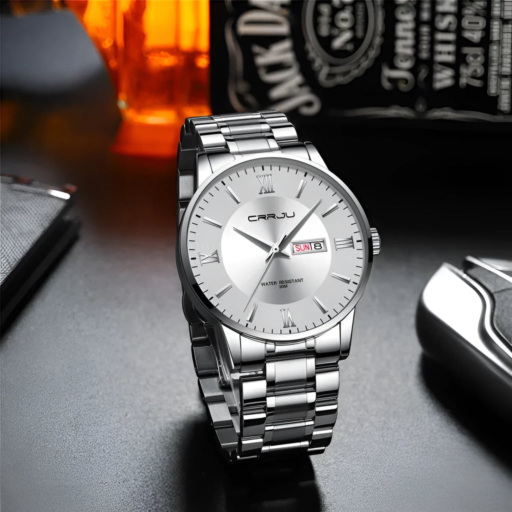 Men's quartz watch with alloy case, plexiglass mirror, and black dial with silver hands on a matching strap.