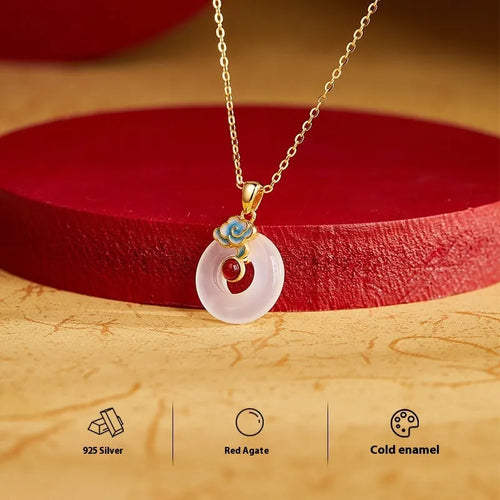 925 silver pendant necklace with cold enamel red agate and white chalcedony on adjustable chain