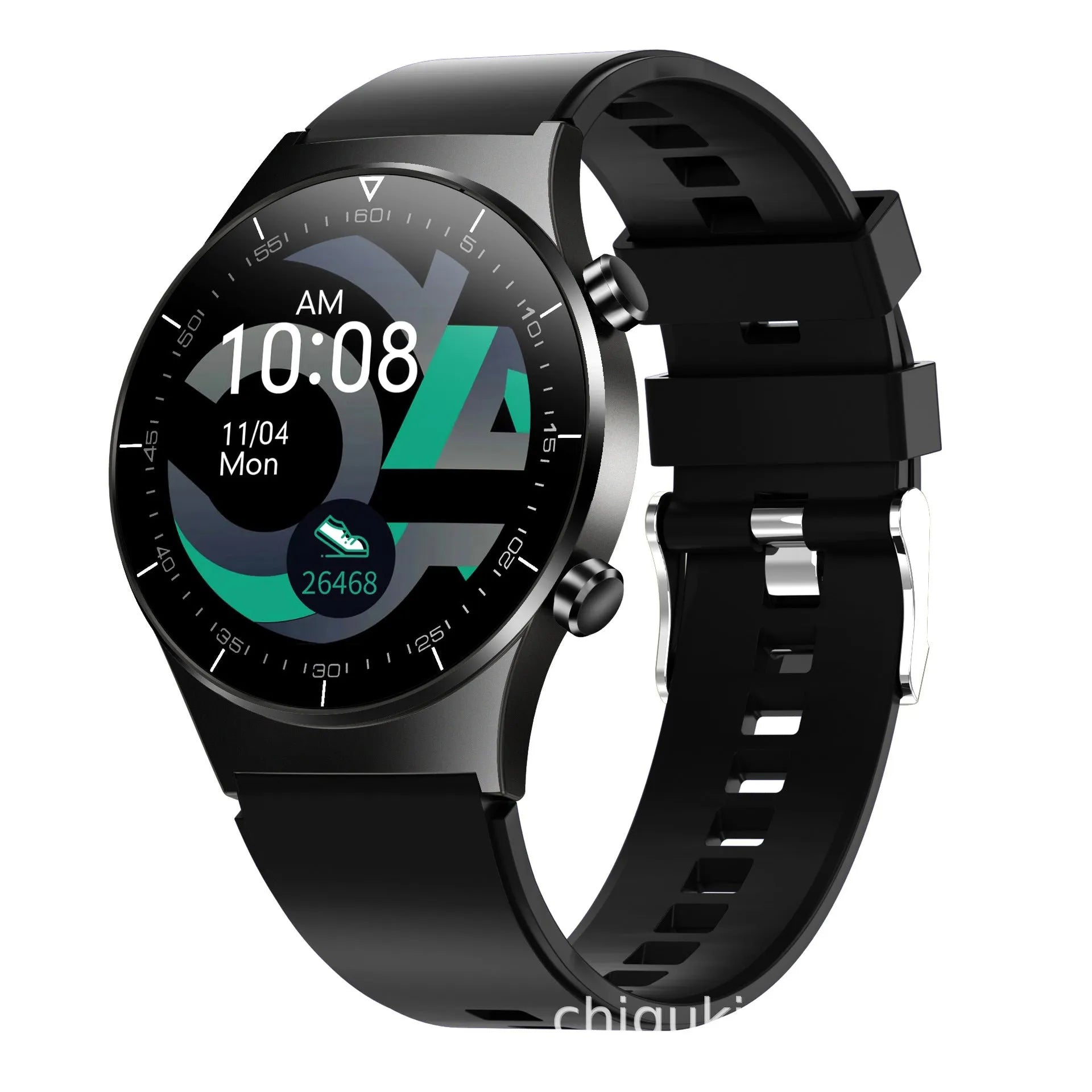 Black smart watch with 1.3-inch glass screen and TPU wrist strap showing health metrics display