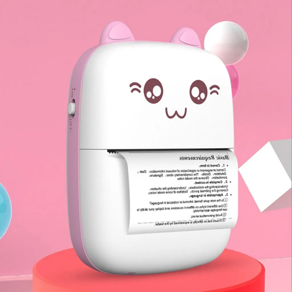 Mini Bluetooth thermal printer in pink with paper roll and phone app interface