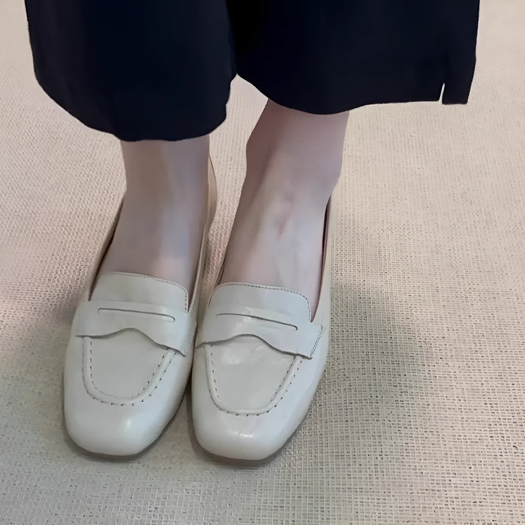 Women's flat square toe leather shoes in Beige White with low heel and cowhide lining on a plain background