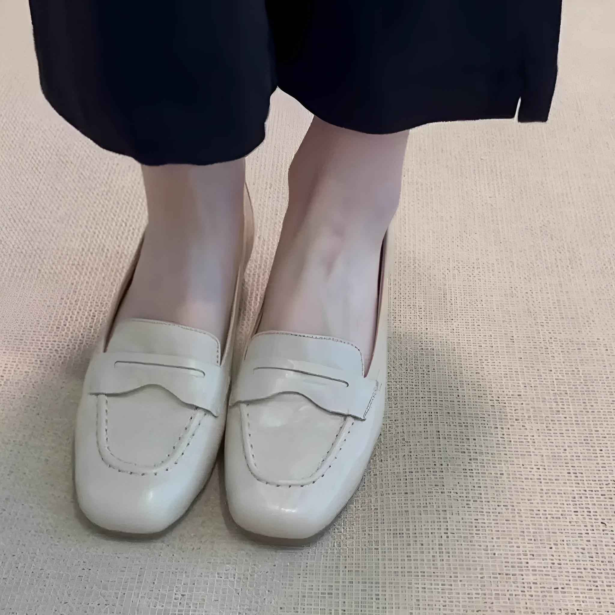 Women's flat square toe leather shoes in Beige White with low heel and cowhide lining on a plain background