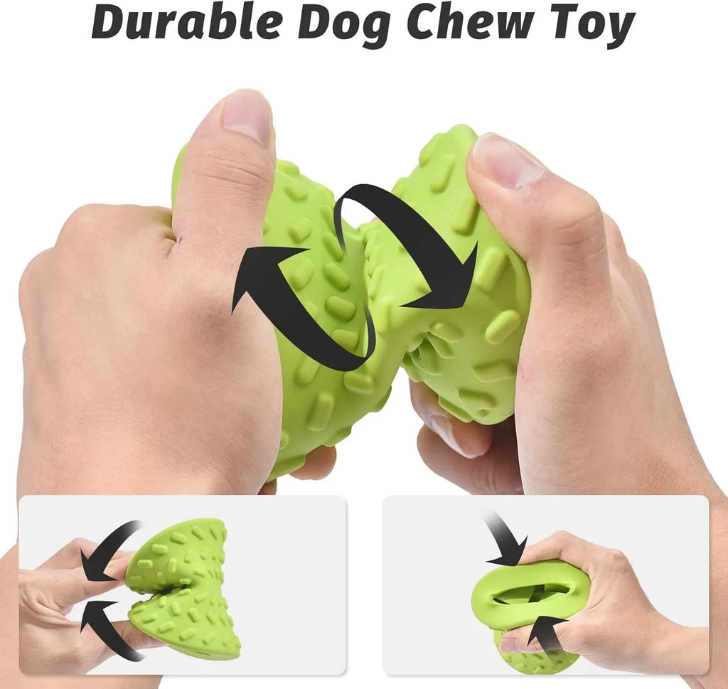 Natural rubber treat dispensing dog toy in bone shape with hollow centre and food leakage holes