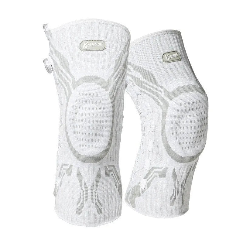 Grey and white sports knee pads for left and right knees, suitable for basketball, running, football.