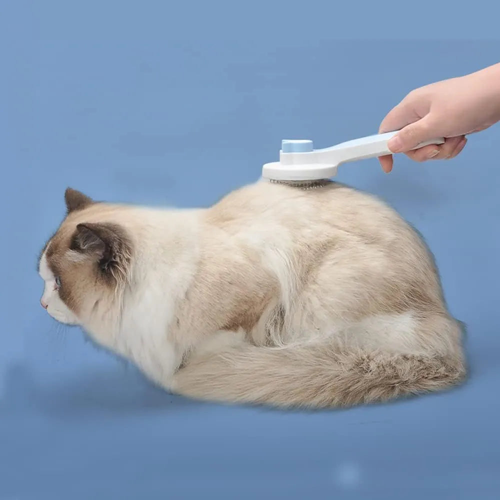 Self-cleaning cat brush with one-touch button for fur removal, available in blue grey pink colours