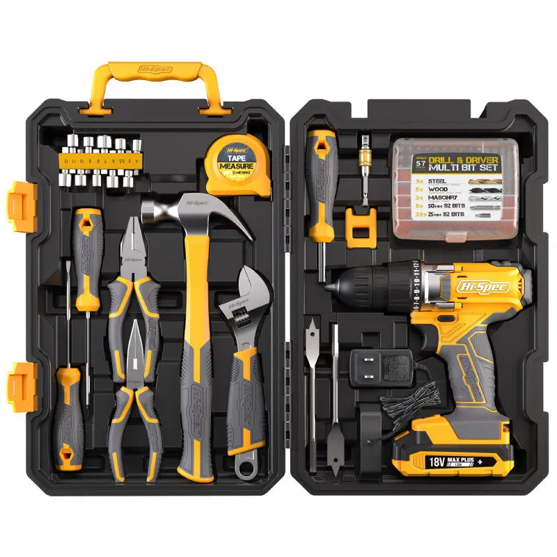 82-piece grey and yellow toolbox with chrome-vanadium steel tools for furniture installation