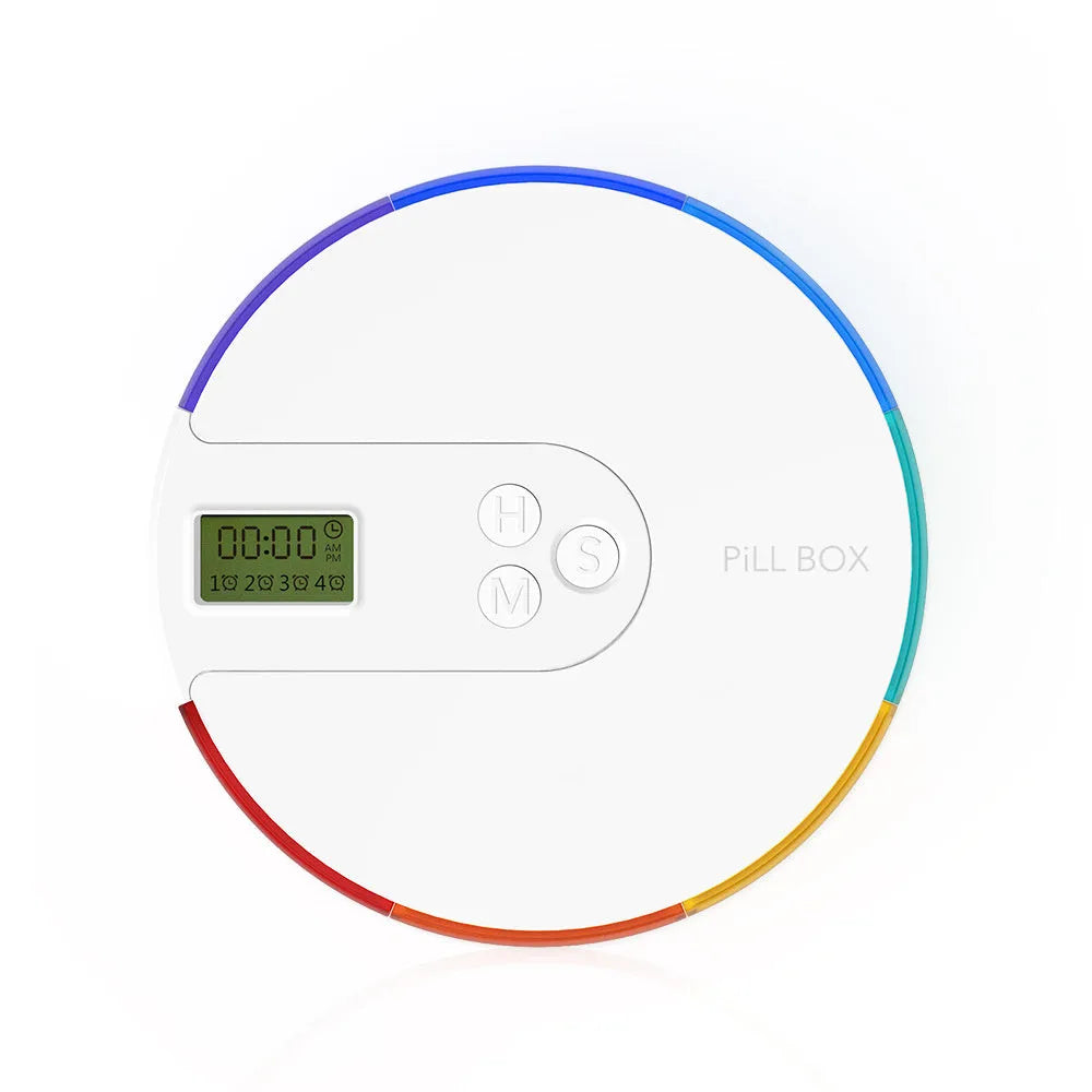 Blue 7-compartment alarm clock pill dispenser showing digital display and separate pill slots.