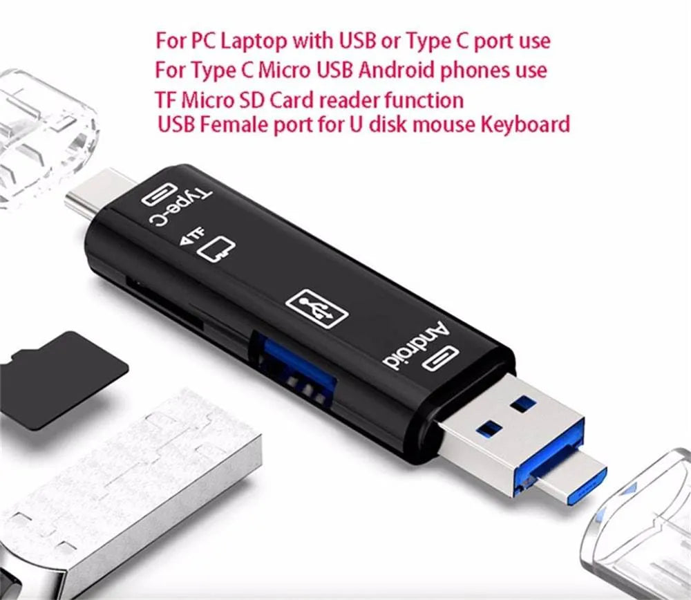 Black USB-C to Micro USB OTG hub adapter with TF card reader slot