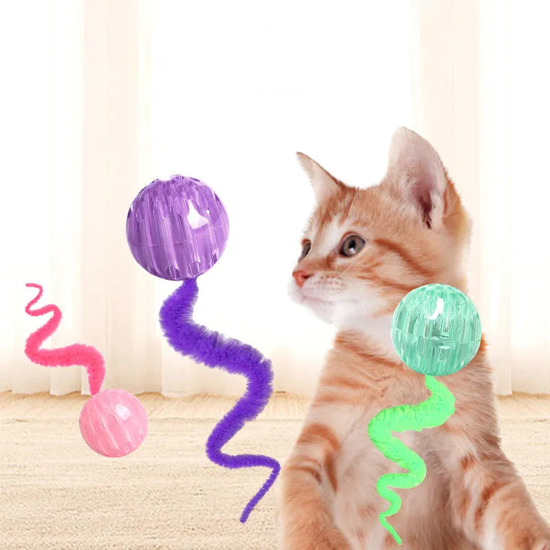 Interactive cat ball toy with bouncy ball and worm-like tail for indoor cats