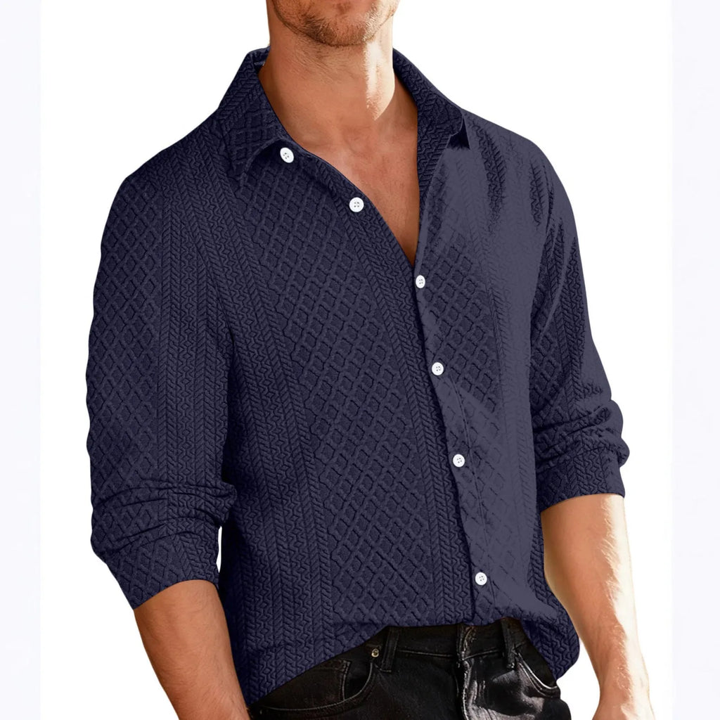 Knitted floral single-breasted men's casual shirt with 3D patch pocket in slim fit, polyester fabric, long sleeves