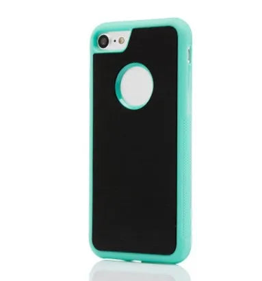 Anti Gravity Phone Case in black with self-adhesive back shown stuck to a glass surface