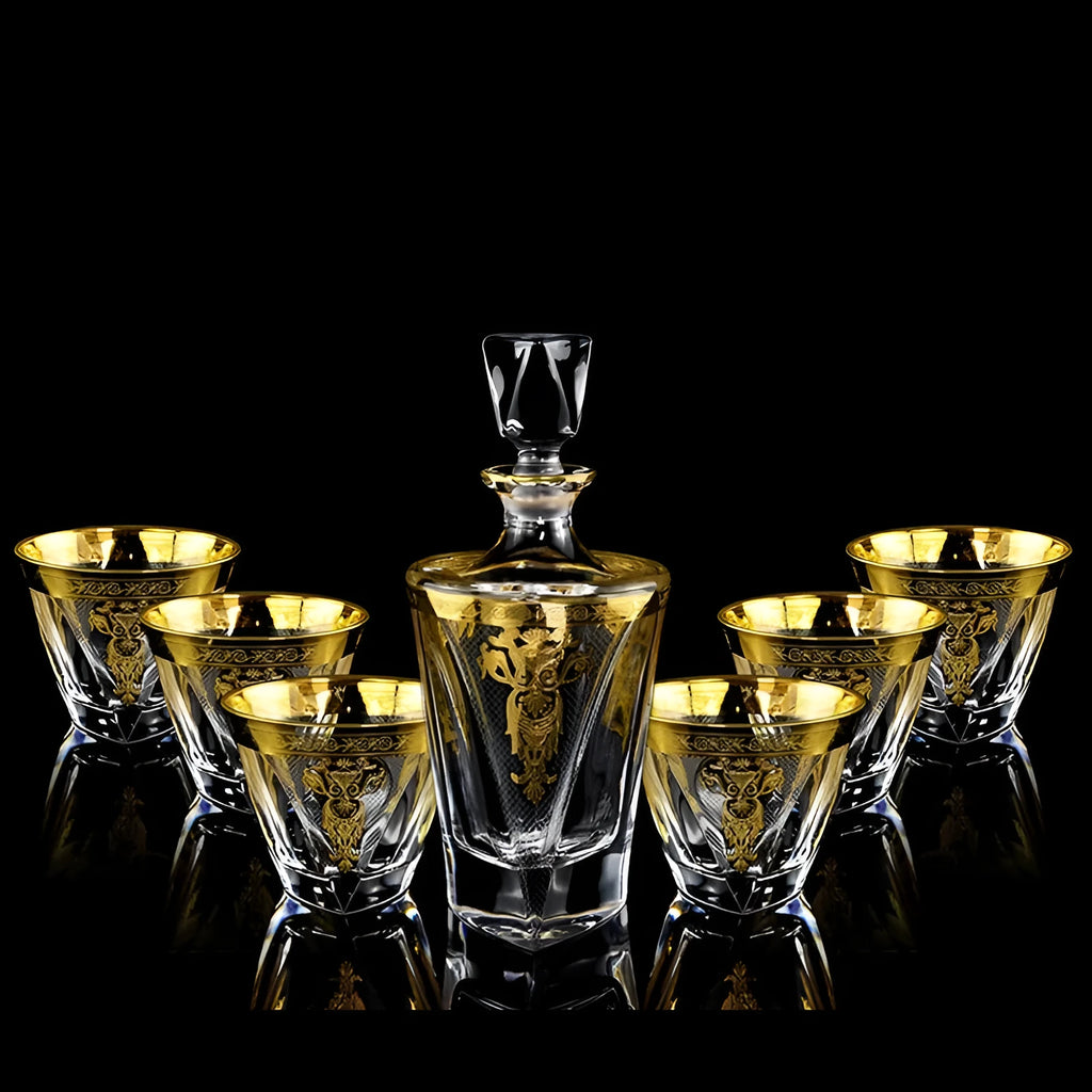Gold line crystal glass whisky tumbler set with bottle and six glasses on white background