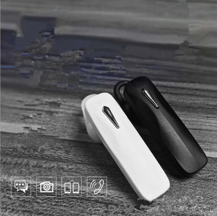 M163 Black and White Bluetooth car headset for hands-free calling and music control.