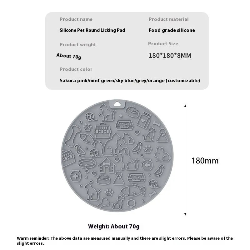 Round silicone pet lick mat with suction base in blue colour on tiled surface