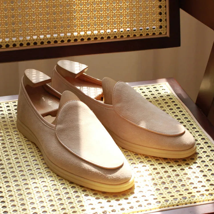 British handmade men's leather loafers in brown with a flat TPR sole