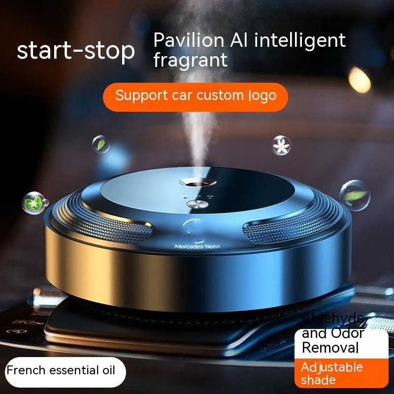 Compact zinc alloy car air freshener diffuser with automatic spray and three refill bottles.