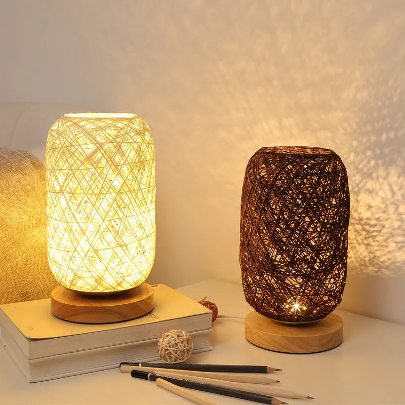 Dimmable LED Night Light Table Lamp Bedroom Bedside Decoration Wooden Twine Vine Bal Warm Light Beige Brown Optic Linen Lampshade Remote Control Touch Switch Rechargeable Pastoral Style