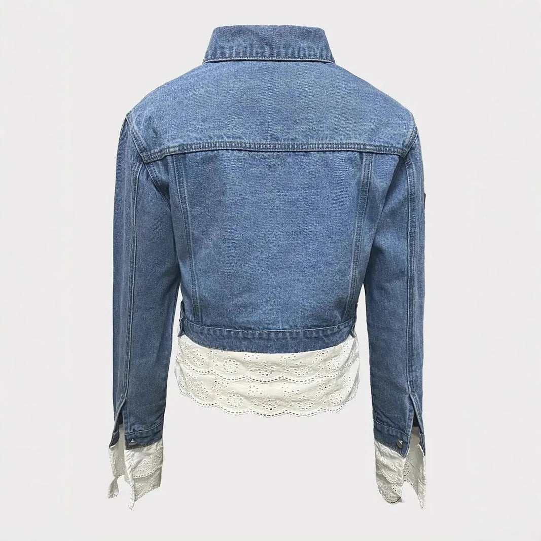 Blue women's denim jacket with lace stitching trim on long sleeves