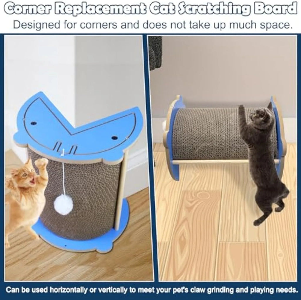 Vertical corner cat scratcher with cardboard pad and hanging ball toy on grey density board base