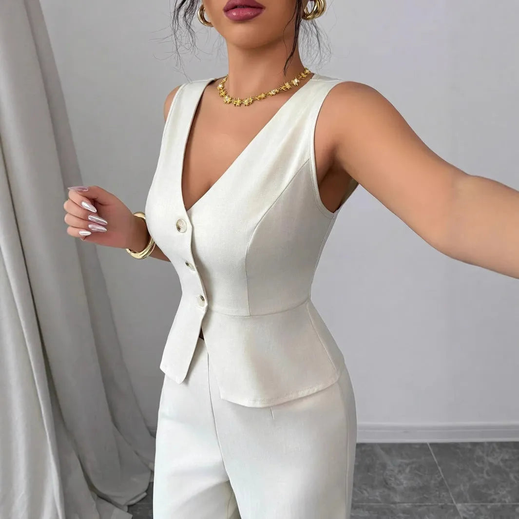 Women's sleeveless vest and high-waist trousers matching set in solid colour casual wear
