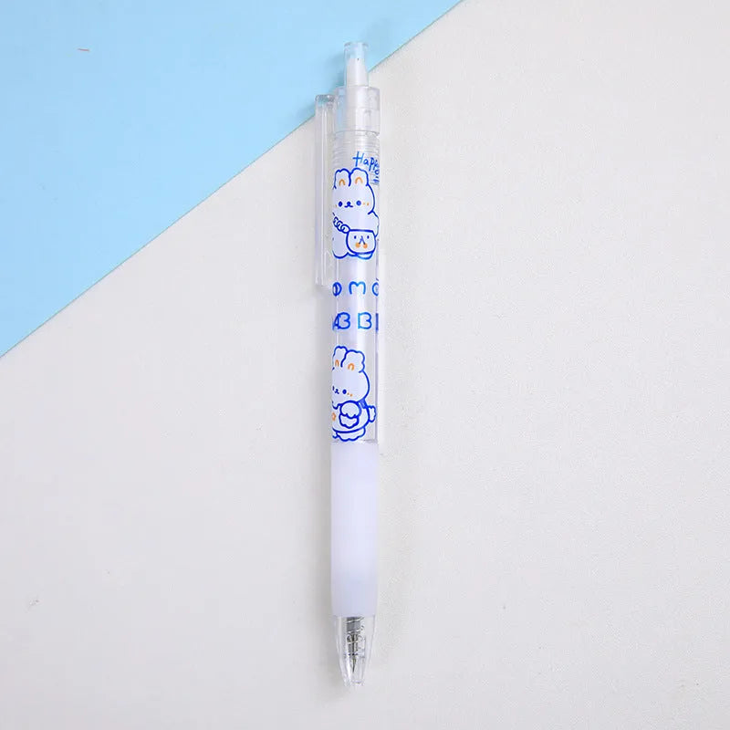Set of six cute bear and bunny themed press pen knives on a white background.