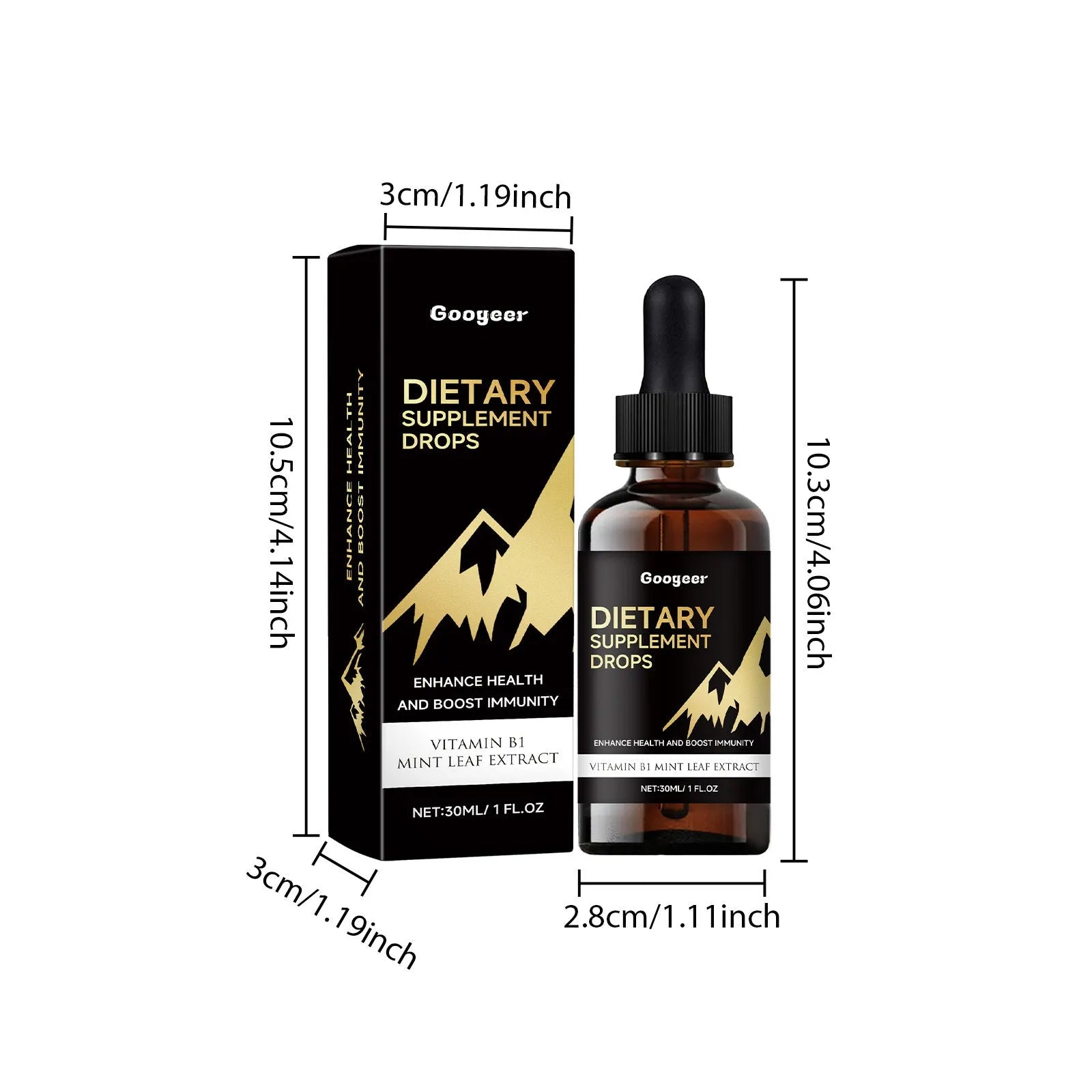 30ml bottle of clear dietary supplement drops with a dosage dropper on a white background.