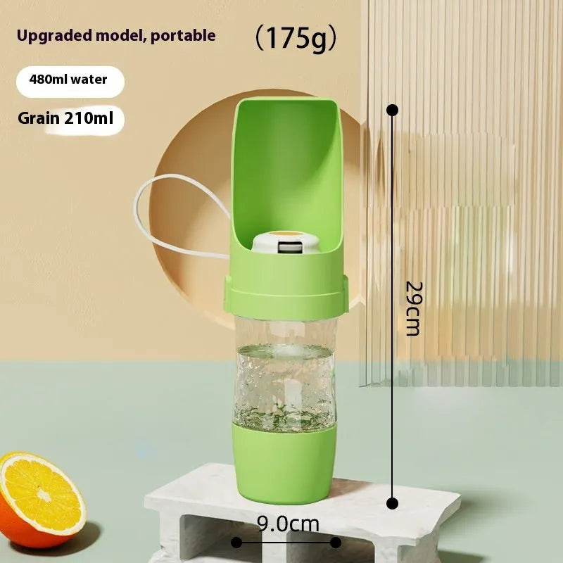 Green 2-in-1 travel dog water bottle with lanyard, showing water dispenser and food container compartments.