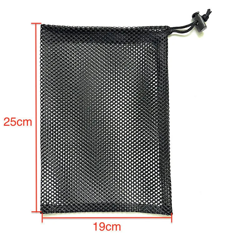 Black mesh drawstring storage bag for water ball toys, shown in three size options.
