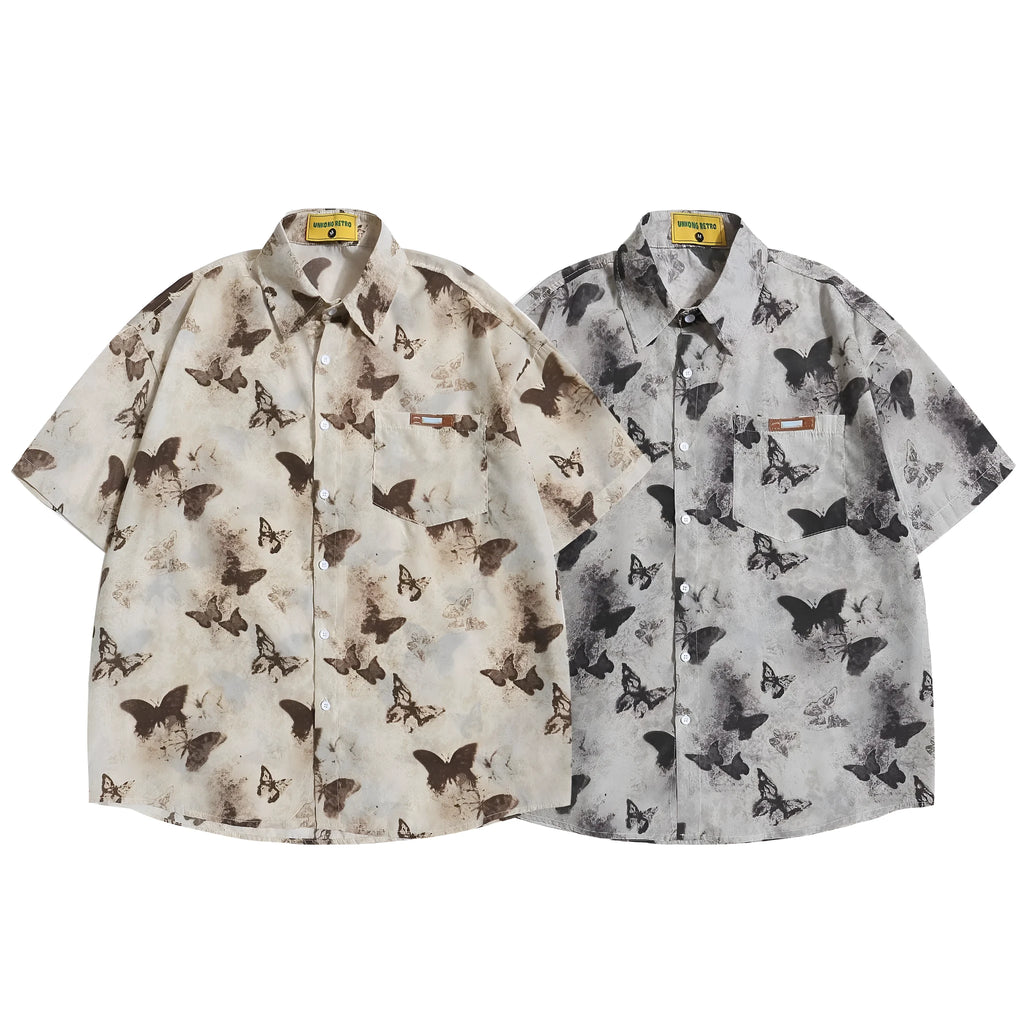 Loose fit butterfly pattern half sleeve polyester top in gray and khaki colour options
