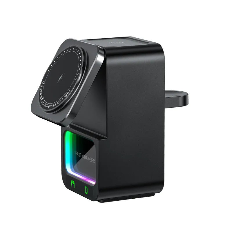 White and black Bluetooth speaker wireless charging station with 23W fast charging capability