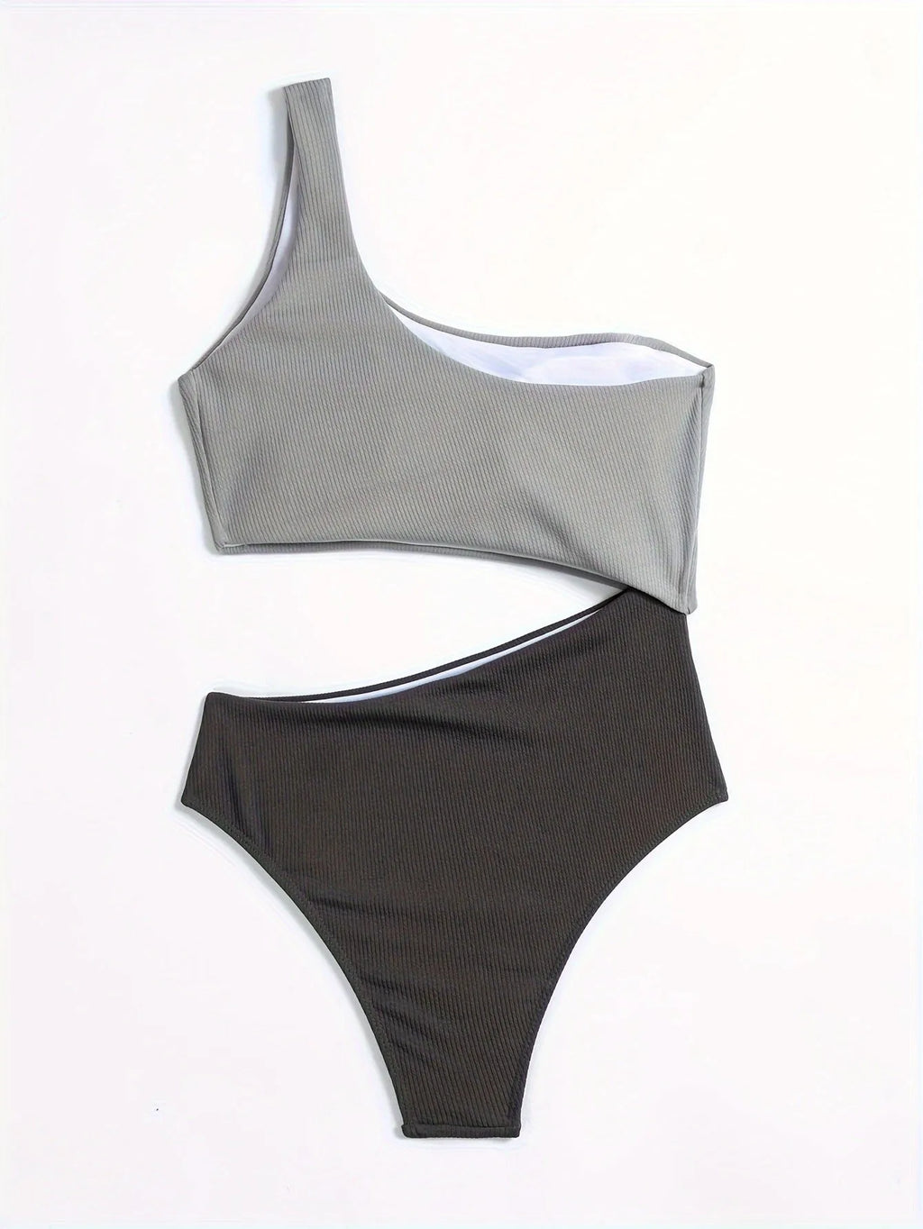 Women's light grey one-shoulder one-piece swimsuit on a mannequin.
