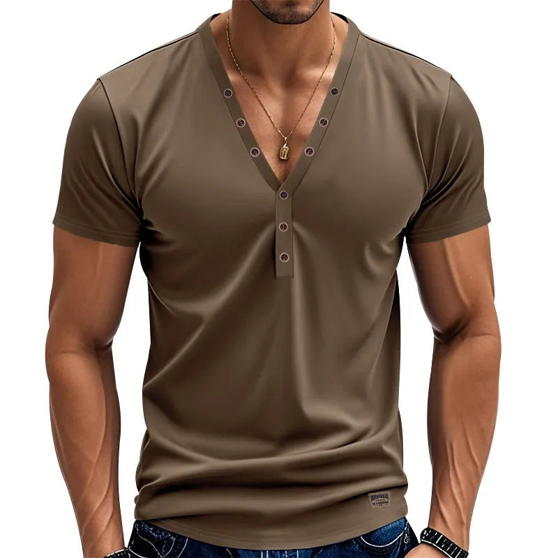 Men's loose V-neck pullover top with button detail in light blue colour