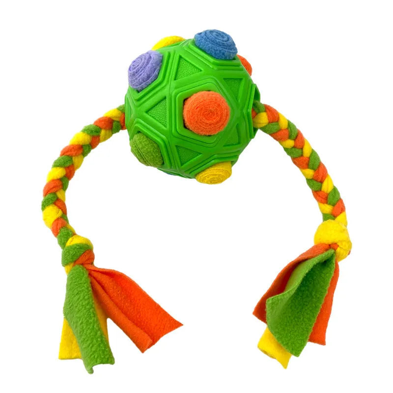 Blue bite-resistant dog sniffing puzzle ball for treat dispensing and IQ training.