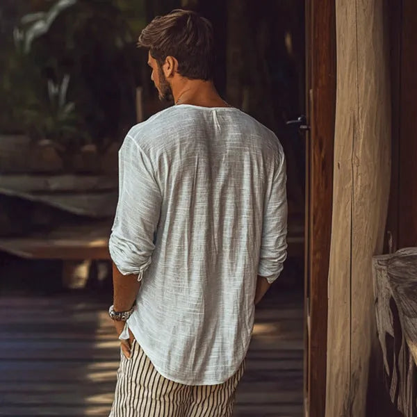 Beige men's slim-fit V-neck long-sleeved t-shirt made from hemp blend fabric