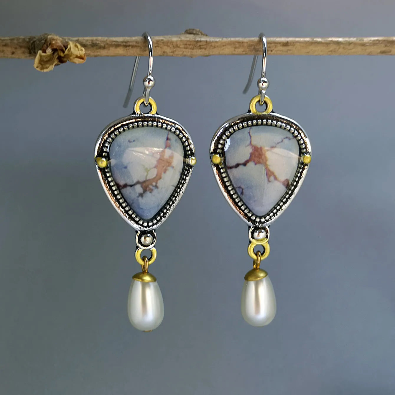 Retro blue drop earrings with geometric design and synthetic opal pearl details