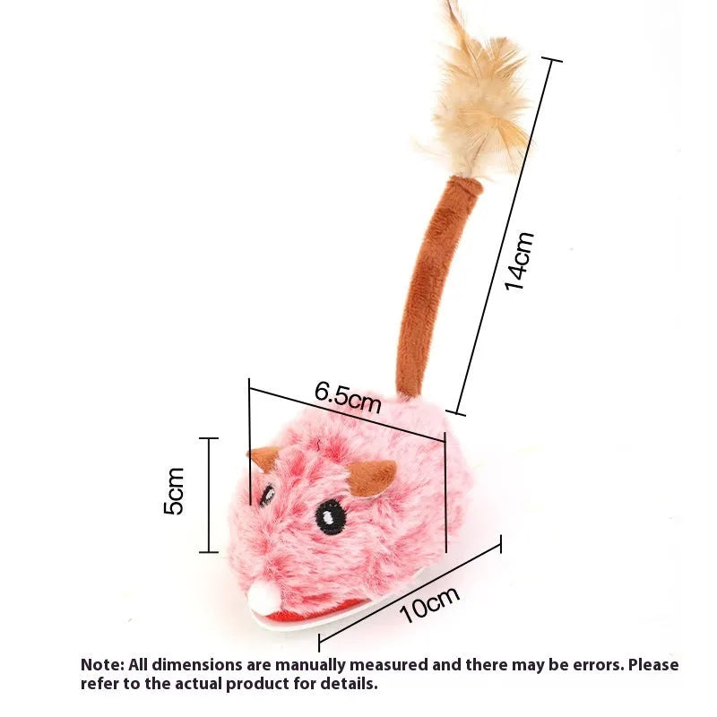 Electric cat toy with a plush mouse on a pole, shown in pink, grey, and purple colour options.
