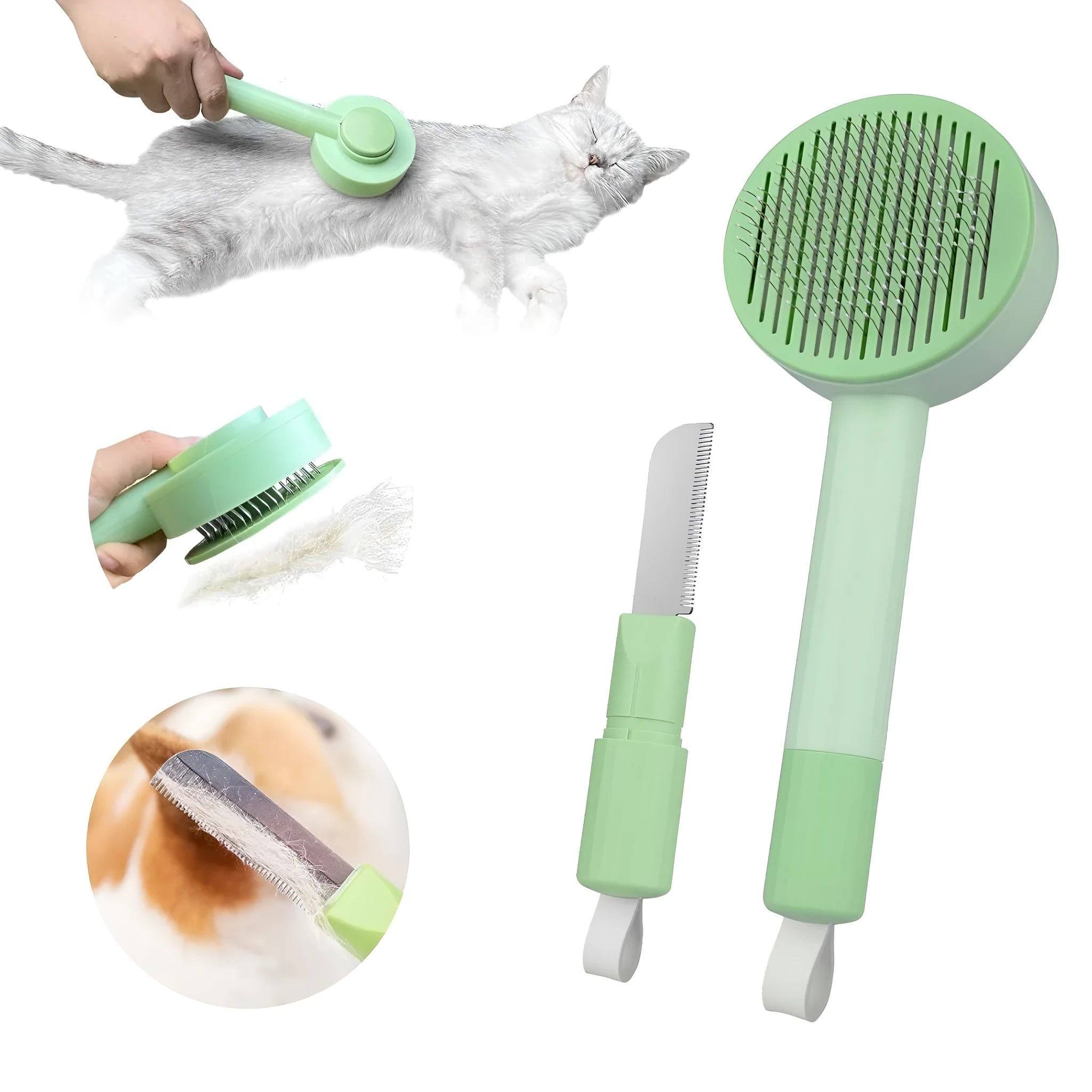 Green and yellow 2-in-1 pet grooming brush with stainless steel teeth and a hanging loop for storage.