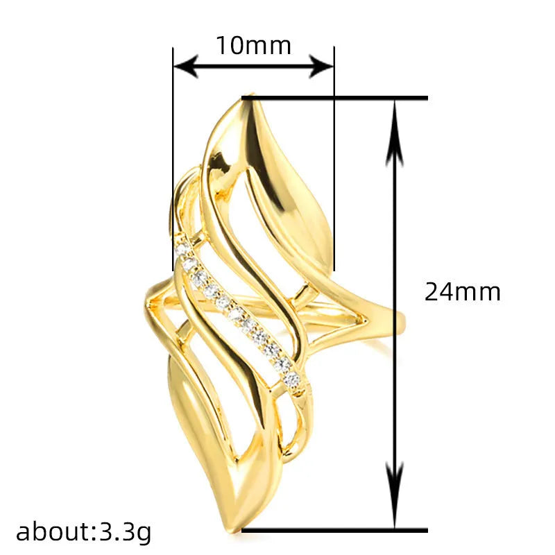 Gold copper women's ring with exaggerated curve silhouette and zircon sparkle on finger