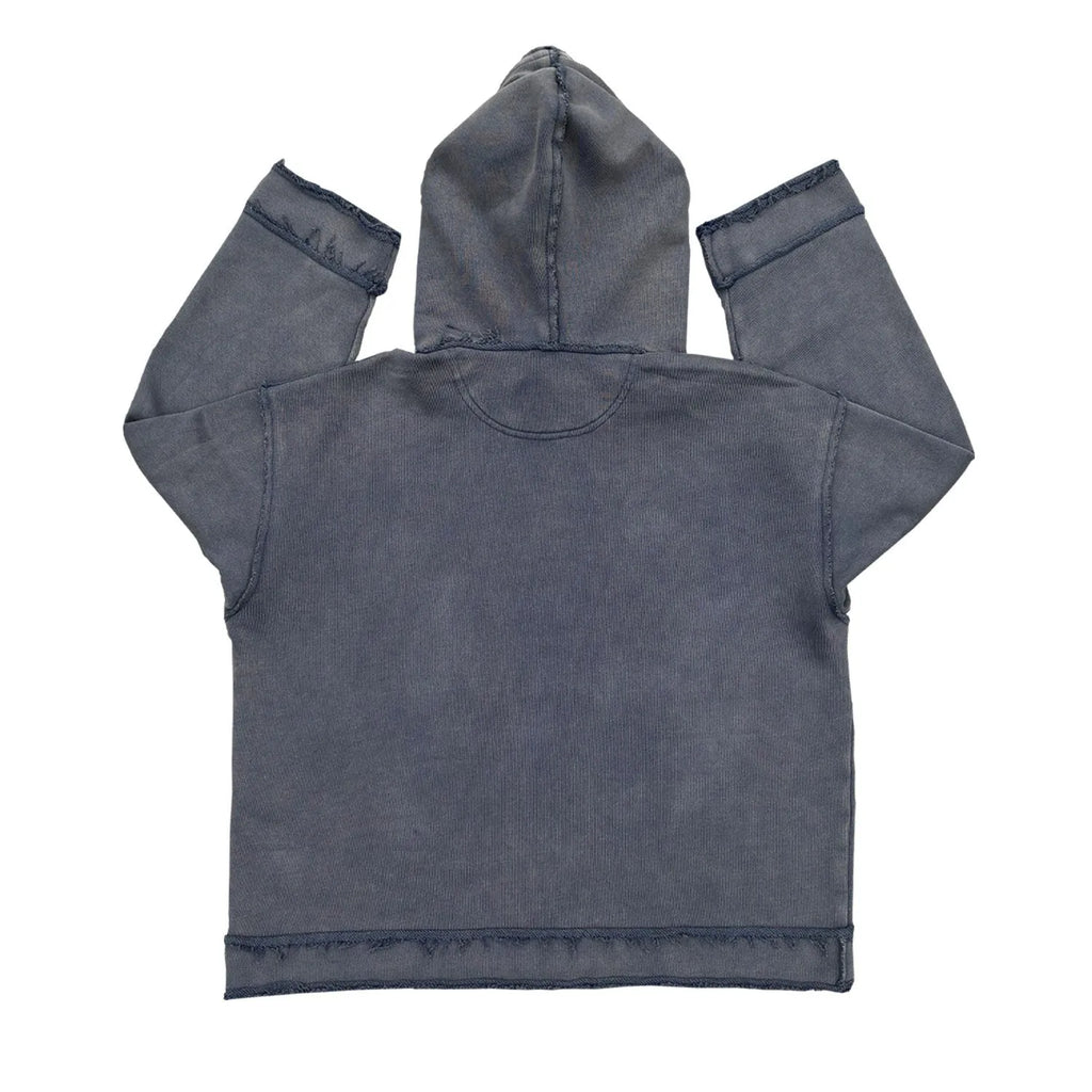 Dark blue hooded sweater showing the front and the reverse side with The Sun Also Rises text.