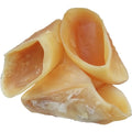 Natural cowhide dog chew toy with edible hoof shell, shown in small and large size options.