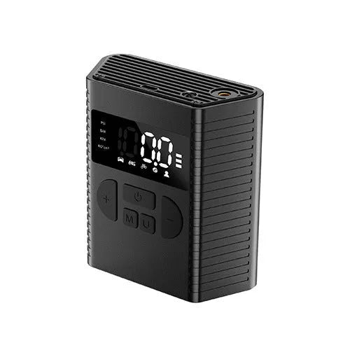 Black wireless car tyre inflator with digital display, LED light, and USB port, shown with air nozzles and storage bag.