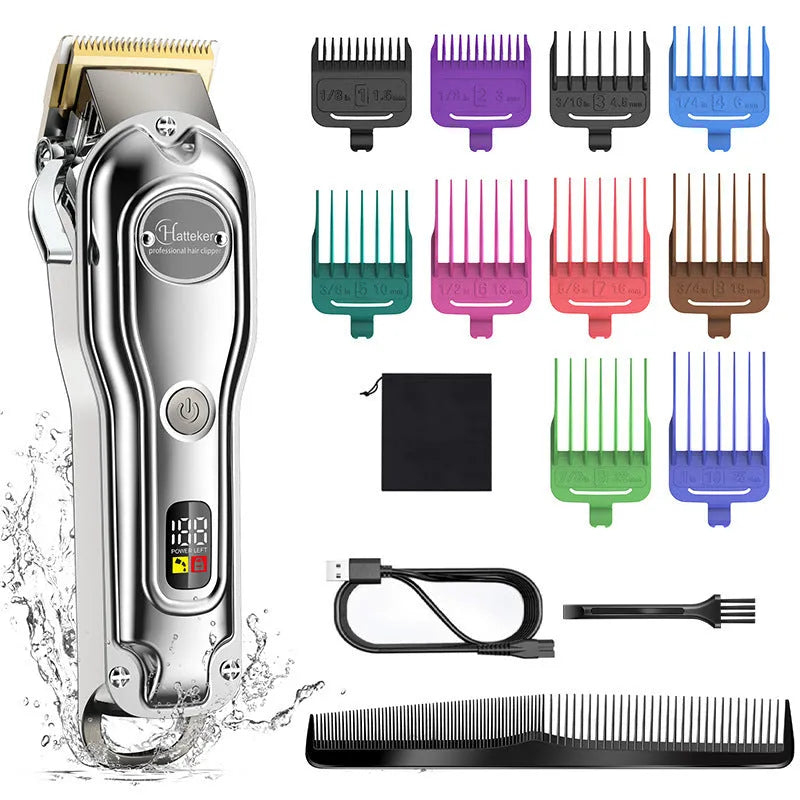 Silver rechargeable hair clipper with LED LCD display, 10 guide combs, and USB cable on a table