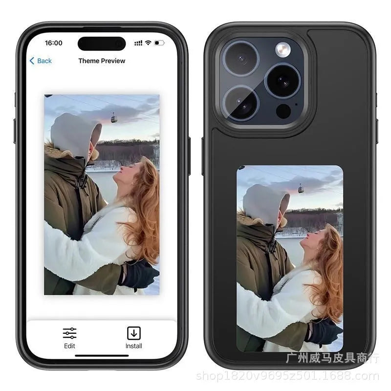 Black Smart NFC screen projection phone case with four-colour e-ink display and TPE relief texture for iPhone