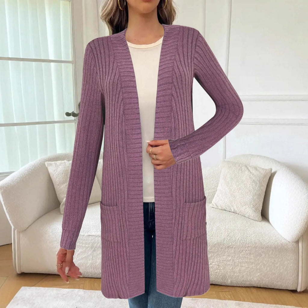 Loose knitted cardigan jacket with long sleeves and pockets in black, gray, or wine red polyester