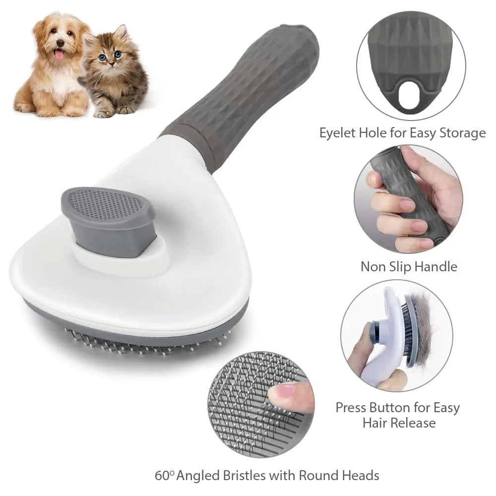 Blue cat grooming brush with release button for removing loose fur and tangles.